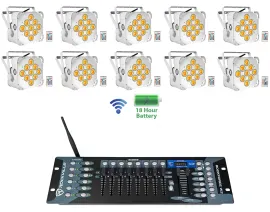 10 Rockville BEST PAR 60 White Rechargeable Wash Lights+Wireless DMX Controller