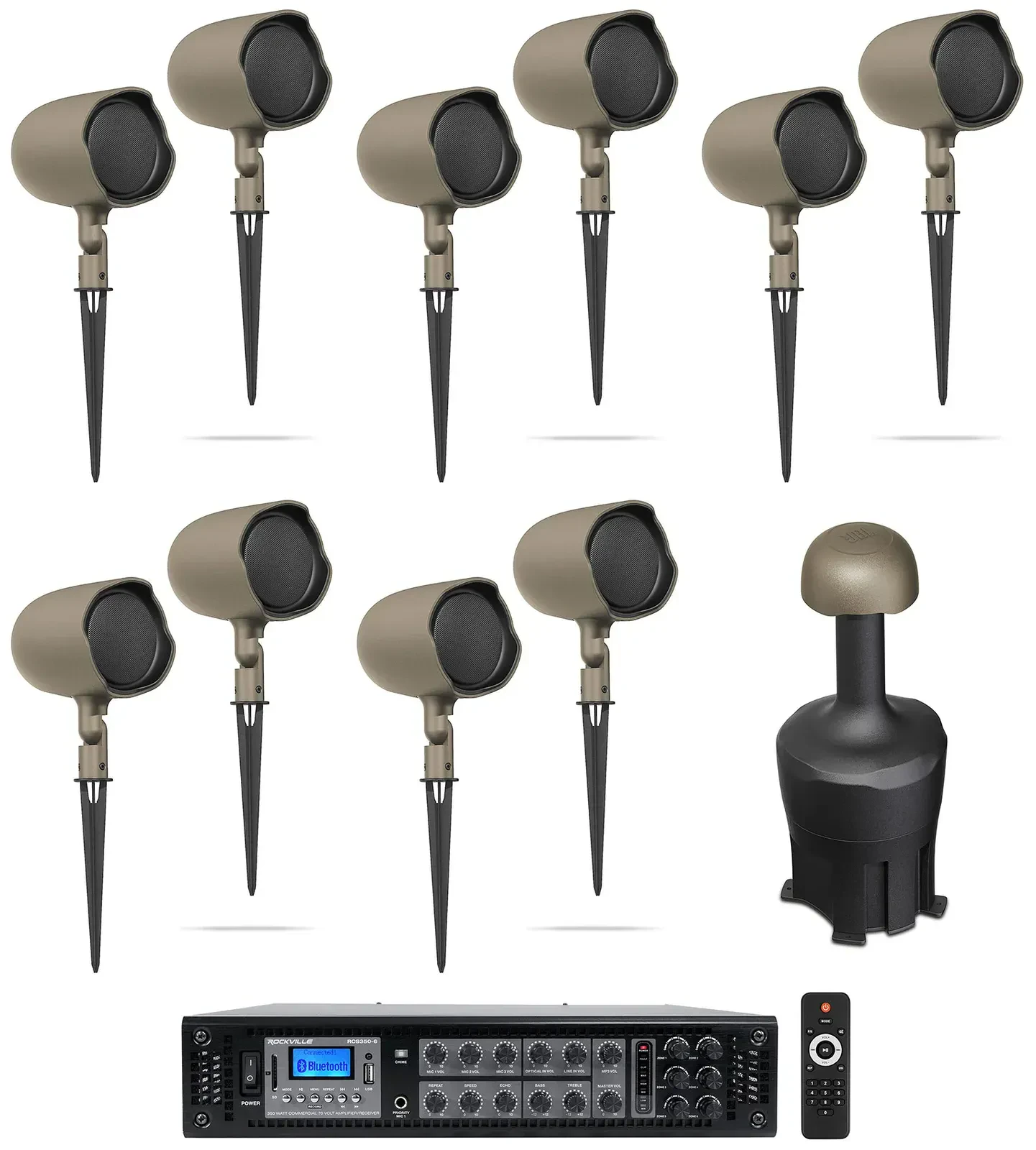 (10) JBL-GSF3-TN 3" Landscape Ground Stake 70v Commercial Speakers+8" Sub+Amp