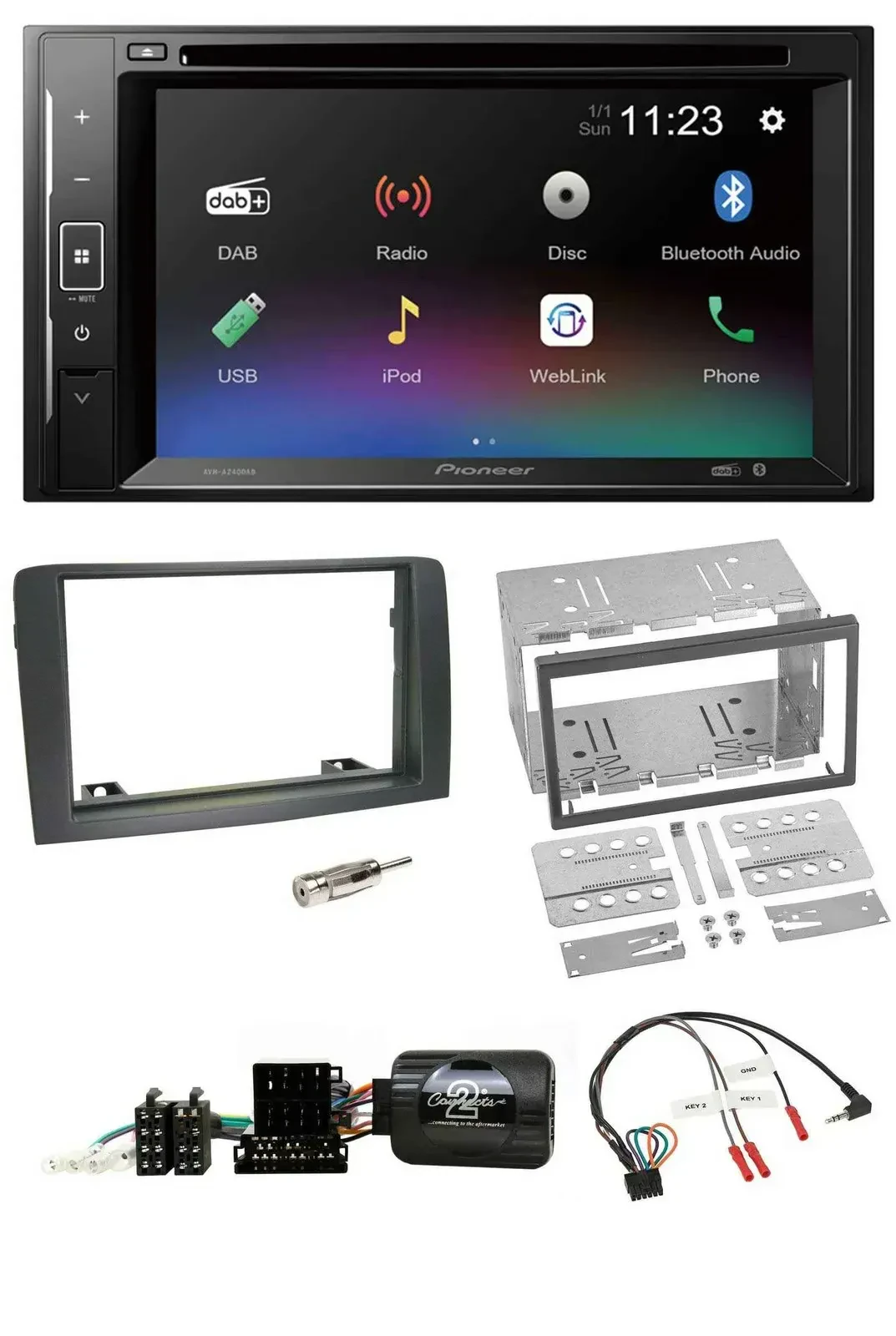 Автомагнитола Pioneer 2DIN, Bluetooth, DAB, DVD, USB для Fiat Idea (2006–2012), серый