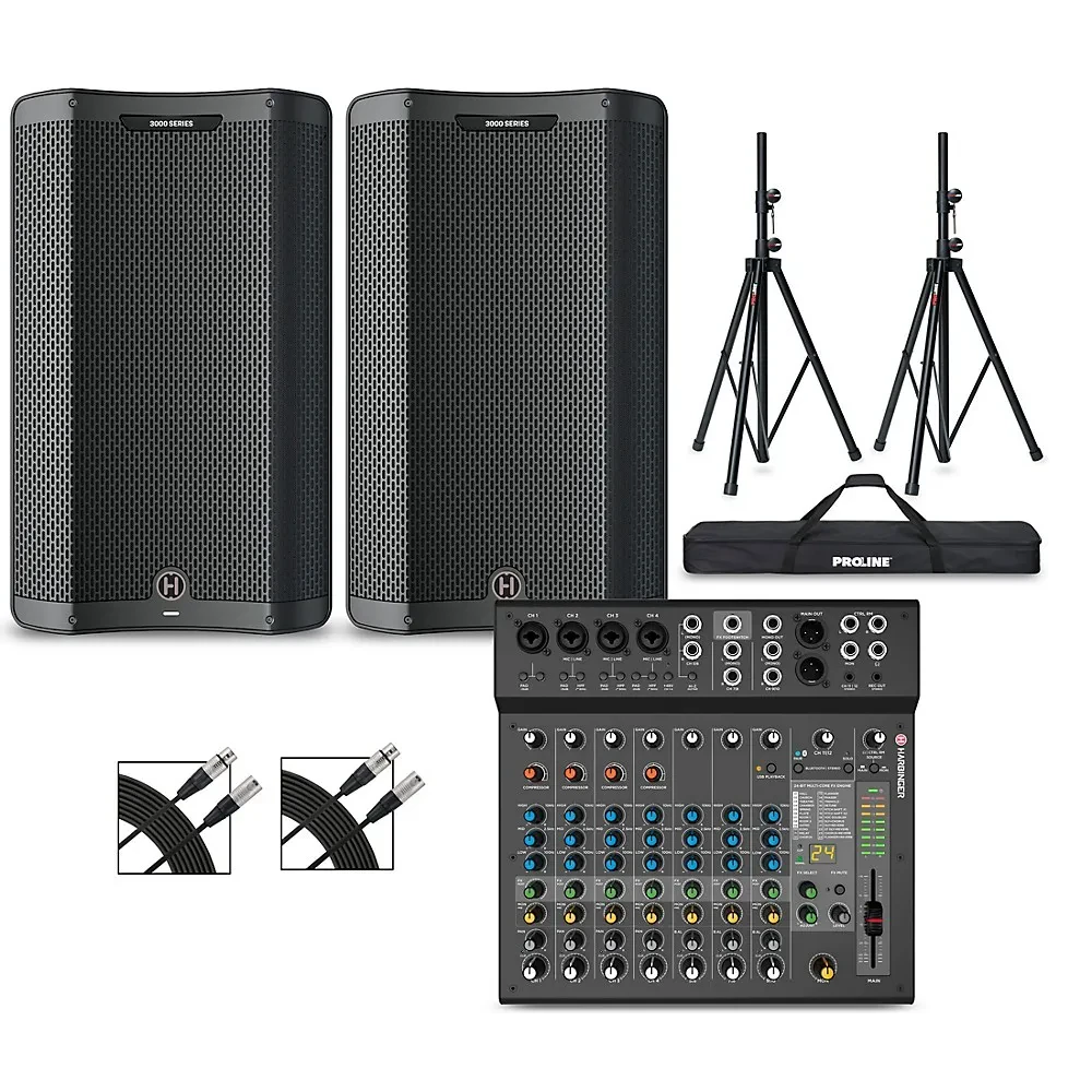 Harbinger VARI 3415 15" Powered Speakers Package w/LX12 Mixer, Stands and Cables
