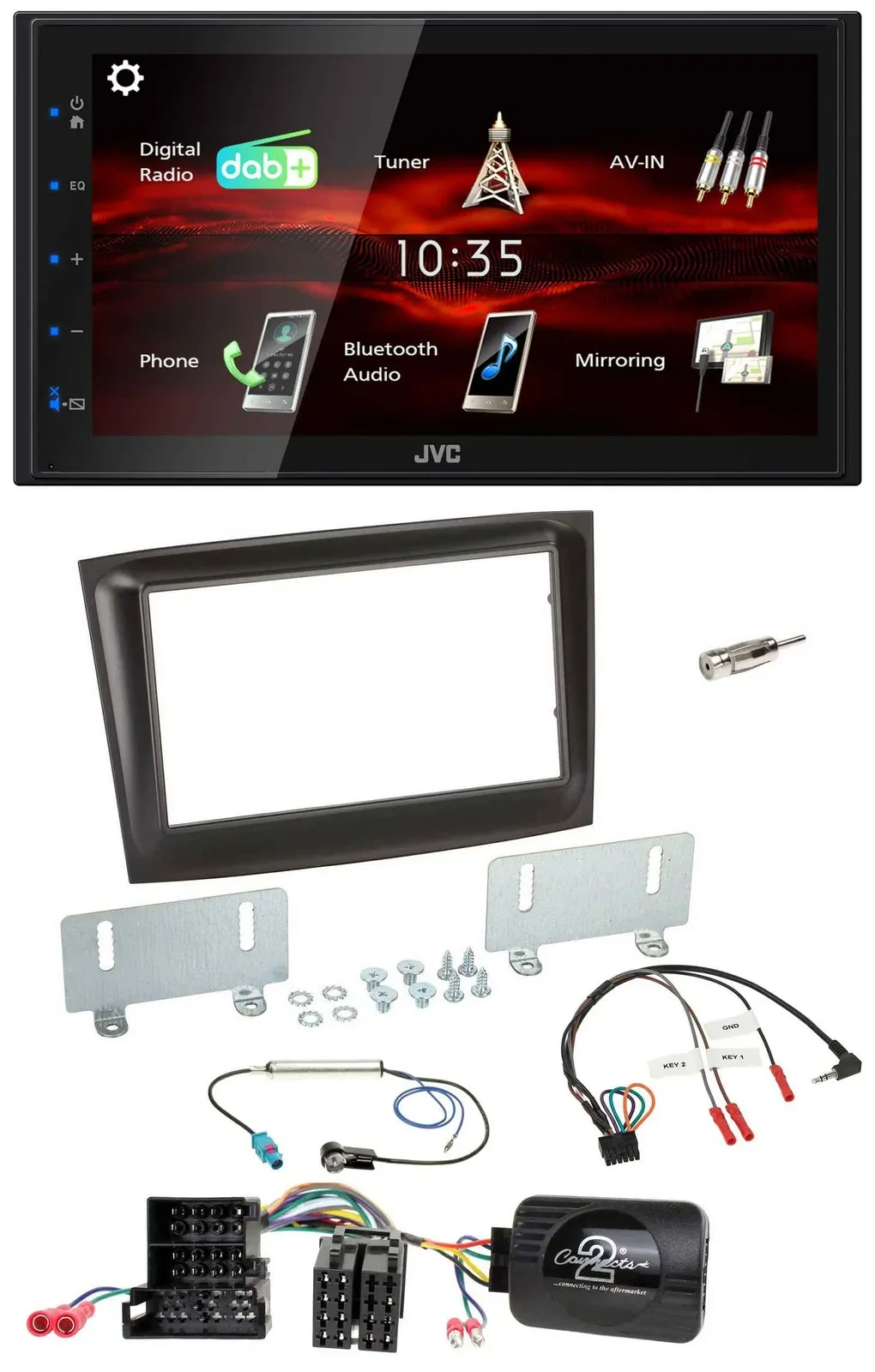 Автомагнитола для Fiat Doblo JVC 2DIN USB Bluetooth DAB Mini-ISO (с 2015), черный