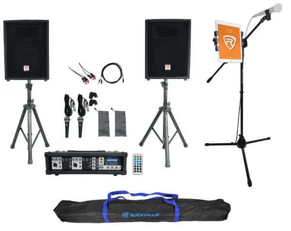 Rockville Dual 10" Karaoke Machine System w/Mixer+Mic Stand w/Tablet Mount+Bag