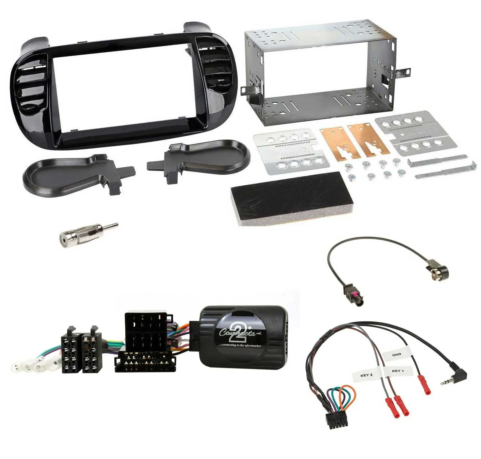 Einbauset Lenkradadapter Doppel DIN Autoradio für Fiat 500 Fakra 08-15 schwarz