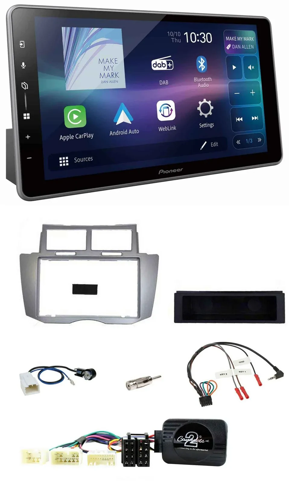 Автомагнитола Pioneer Bluetooth, USB, DAB для Toyota Yaris 2007–2011, серебристая, с поддержкой кнопок на руле