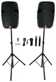 Rockville RAMSYS15 Pair 15" Battery Powered PA Speakers+Stands+Wireless Mics