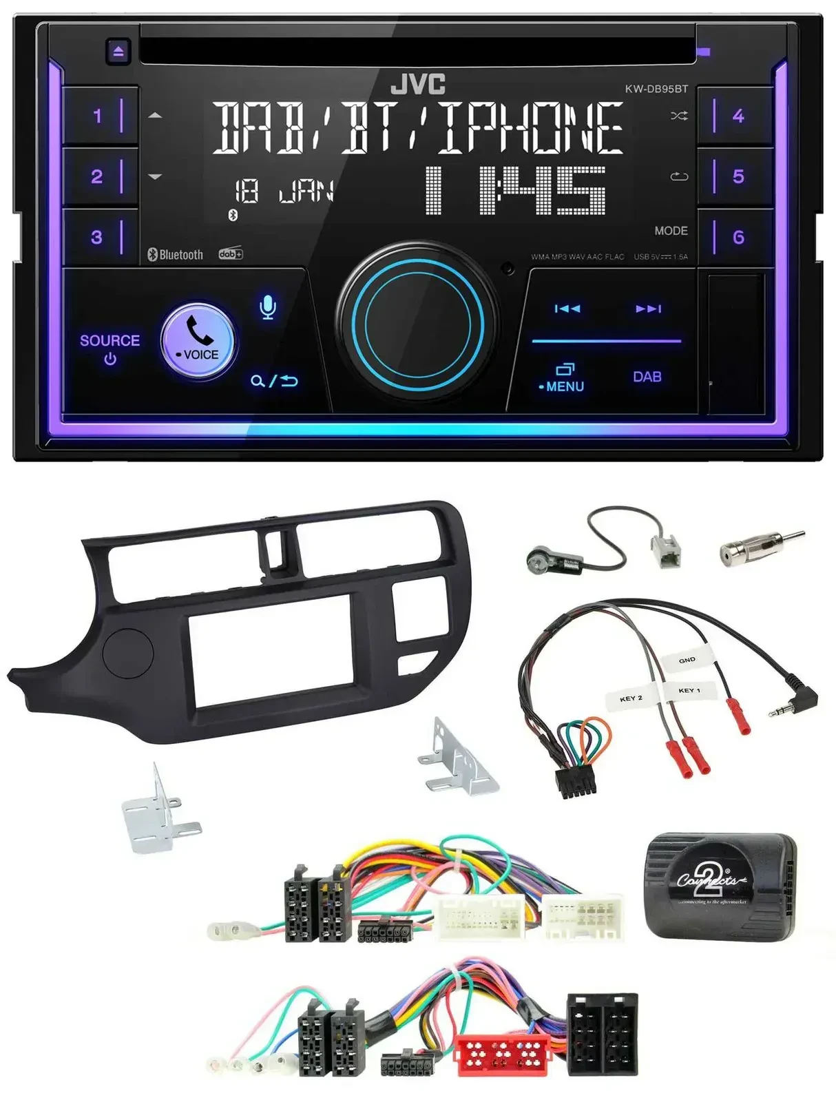 Автомагнитола для Kia Rio UB (2011–2015) JVC 2DIN DAB Bluetooth CD USB, черный, с управлением с руля