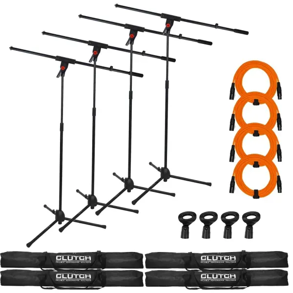 Pro Audio DJ Microphone Boom Stands w Orange XLR Cables, Clips & Bags 4 Pack