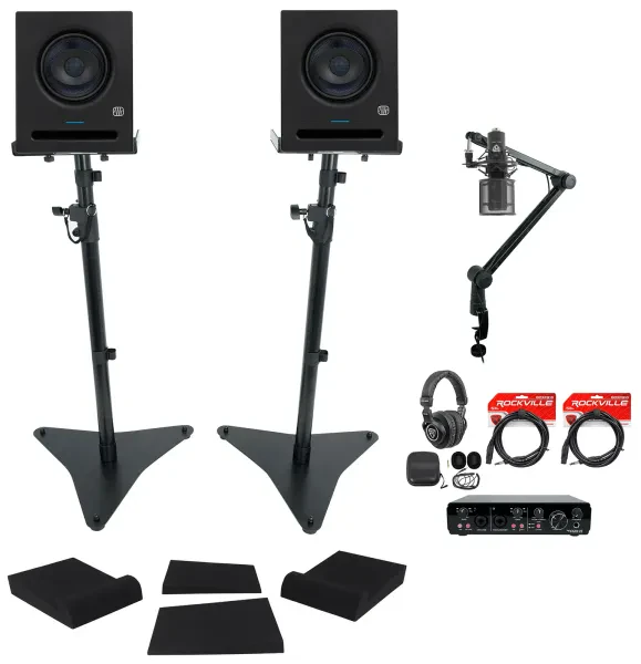 (2) Presonus Eris Pro 6 6" Studio Monitors+Interface+Stands+Mic+Headphones+Boom