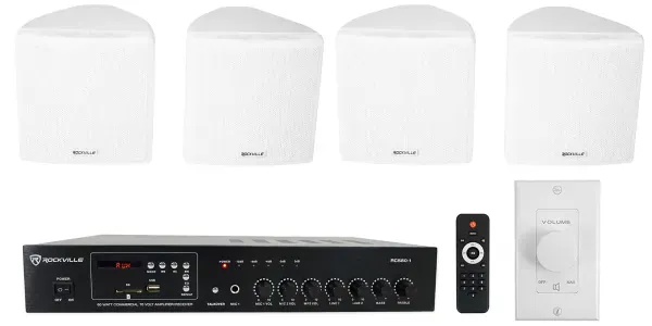 Rockville Commercial Restaurant Amp+(4) White 3.5" Cube Speakers+Wall Controller