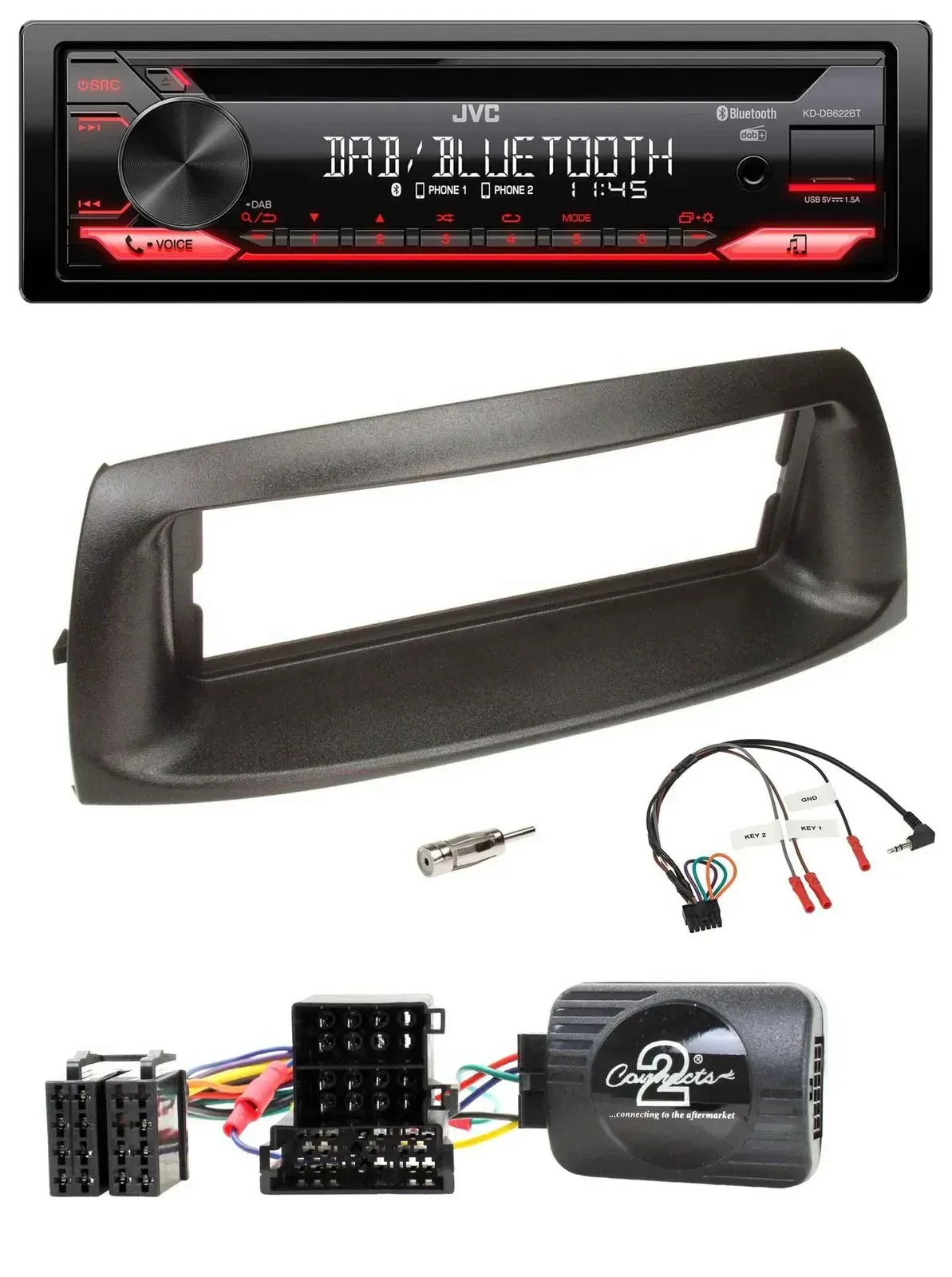 Автомагнитола для Fiat Punto 1999–2005 JVC CD, DAB, USB, Bluetooth, совместима с кнопками на руле