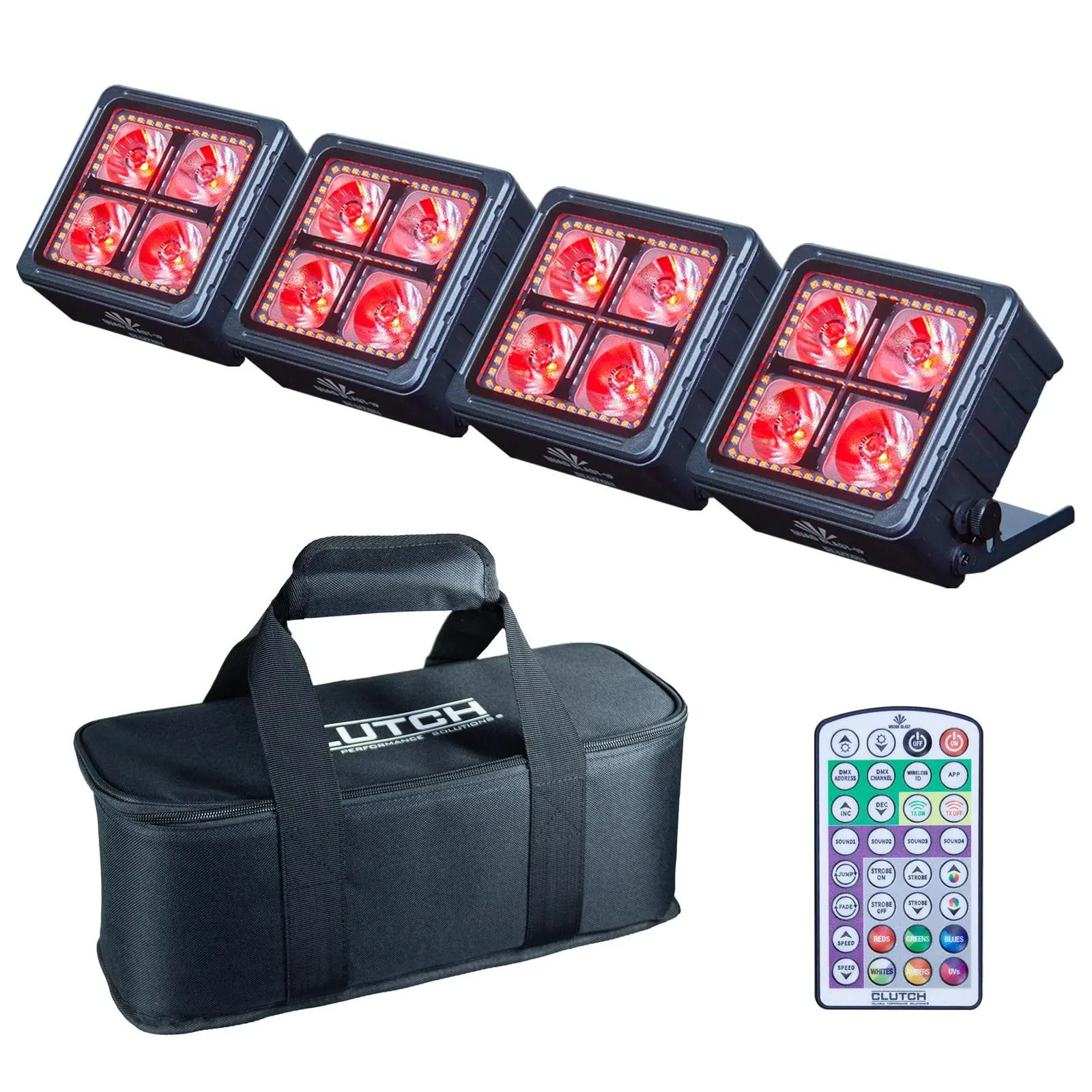 Прожектор для сцены Clutch QUADBLAST-IP-4PK LED, аккумуляторный, 4x12W RGBWA+UV, IP65 (набор, 4 шт.), с мягким кейсом