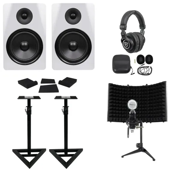 Pair Rockville DPM8W 8" 600 Watt Studio Monitors+Stands+Headphones+Mic+Shield