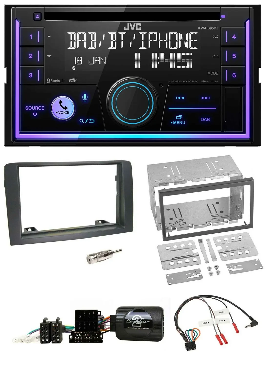 JVC Lenkrad USB 2DIN DAB Bluetooth CD Autoradio für Fiat Idea 2006-2012 grau