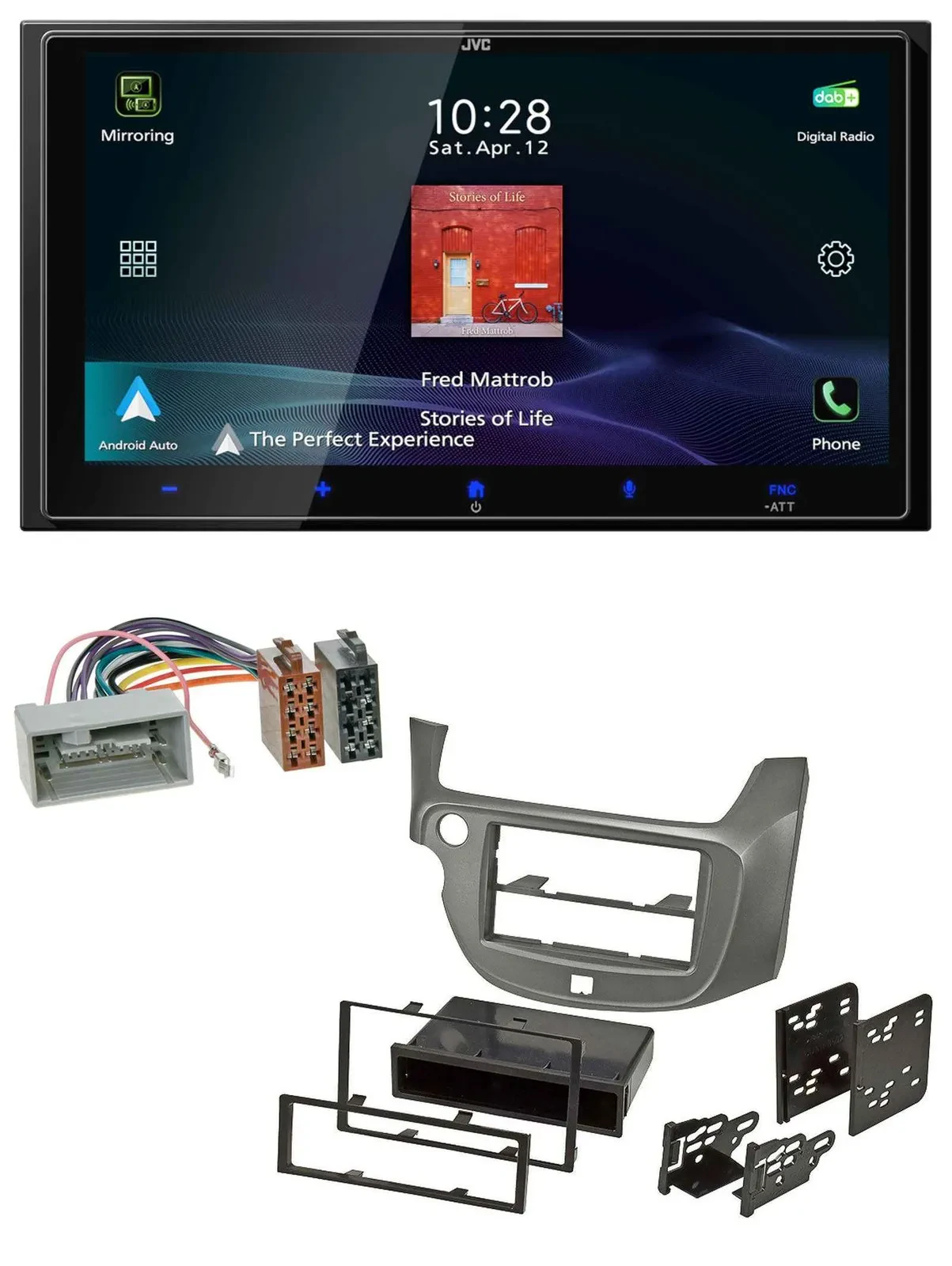 Автомагнитола для Honda Jazz (с 2009) JVC 2DIN, USB, Bluetooth, DAB, MP3, серебристая