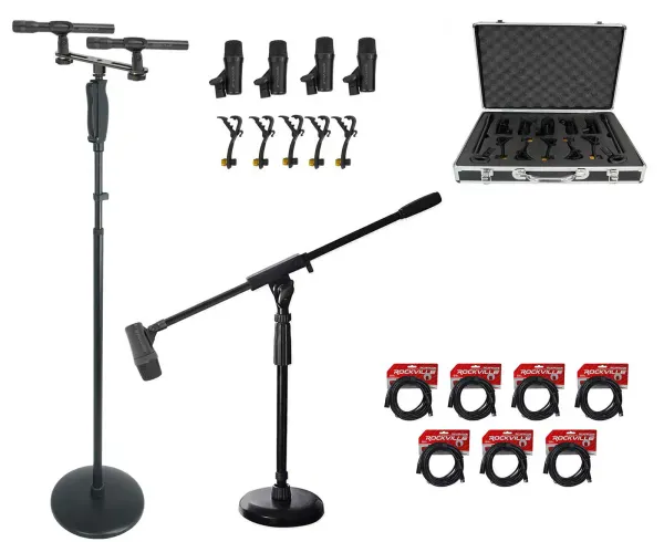 Rockville PRO-D7 KIT 7 Drum Mics w/Kick+Snare+Pencil Microphones+Stands+Cables