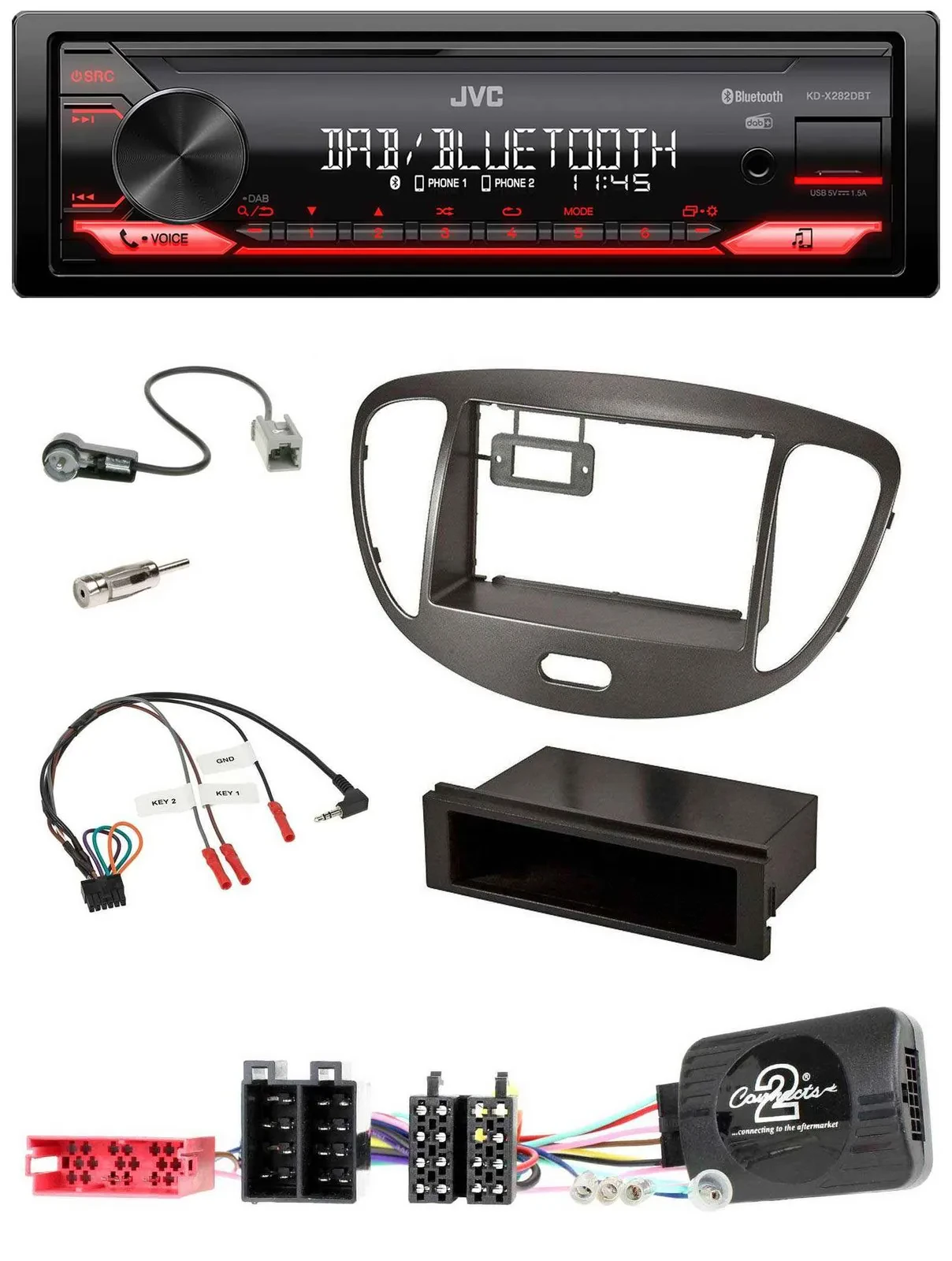 JVC Bluetooth USB DAB Lenkrad Autoradio für Hyundai i10 ISO 2009-13 dunkelsilber