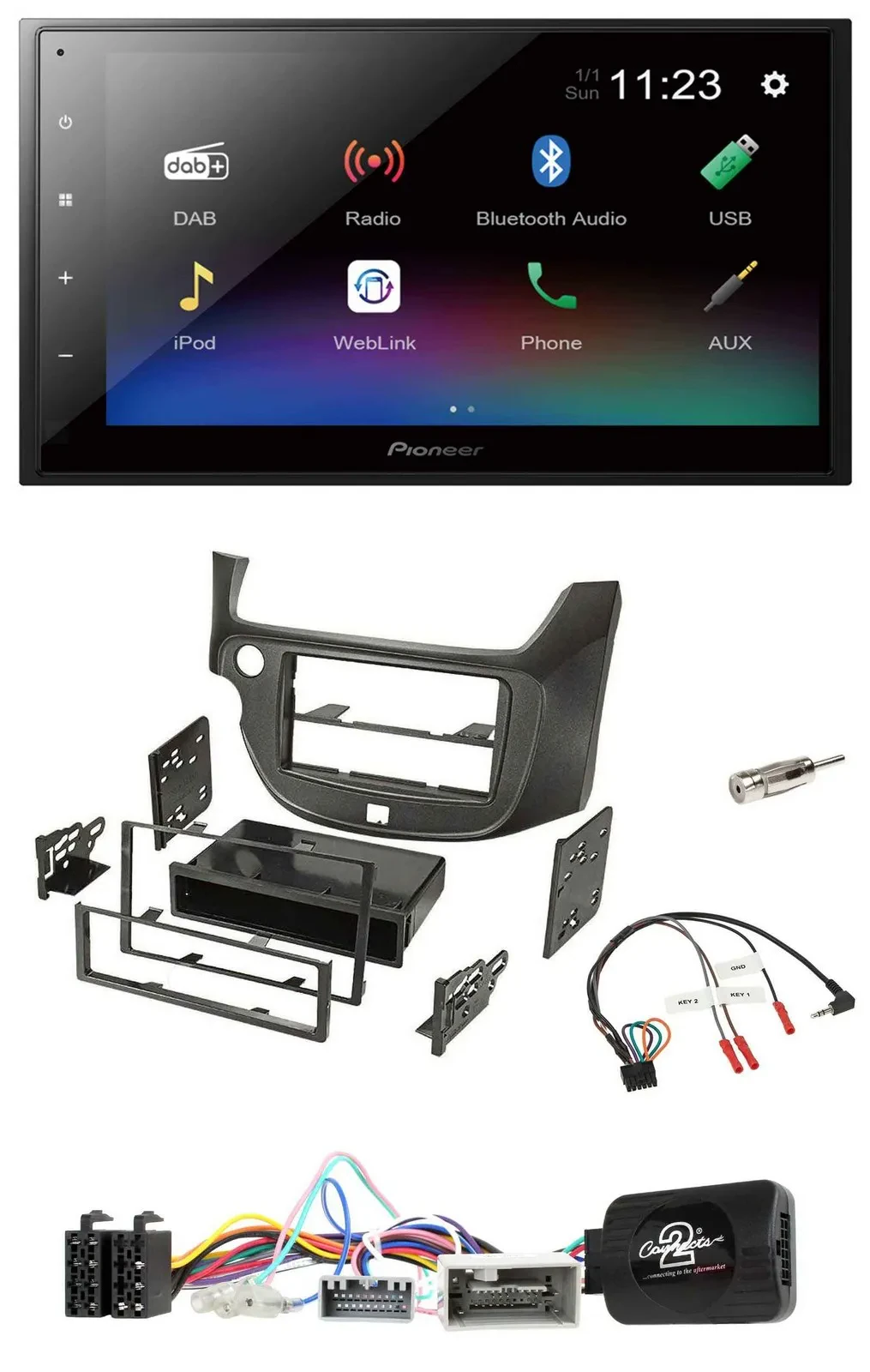 Автомагнитола для Honda Jazz Pioneer 2-DIN USB Bluetooth DAB темно-серый, совместима с кнопками на руле