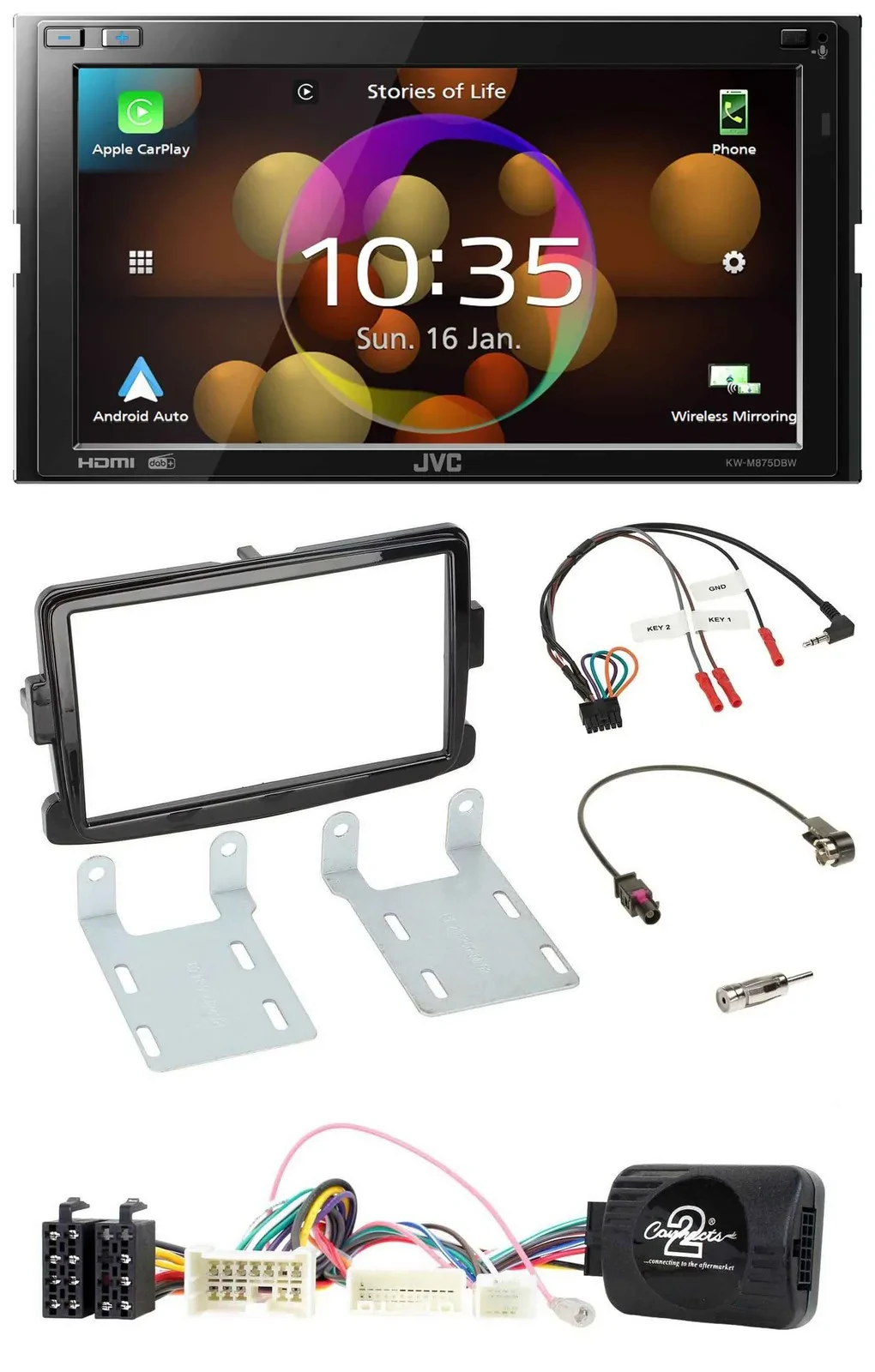 JVC DAB Lenkrad 2DIN Bluetooth USB Autoradio für Dacia Sandero ab 13 piano-schwa