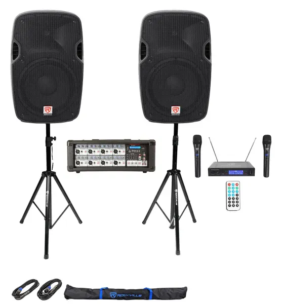 Rockville Karaoke System w/(2) 12" Speakers+Bluetooth Mixer+Stands+Wireless Mics