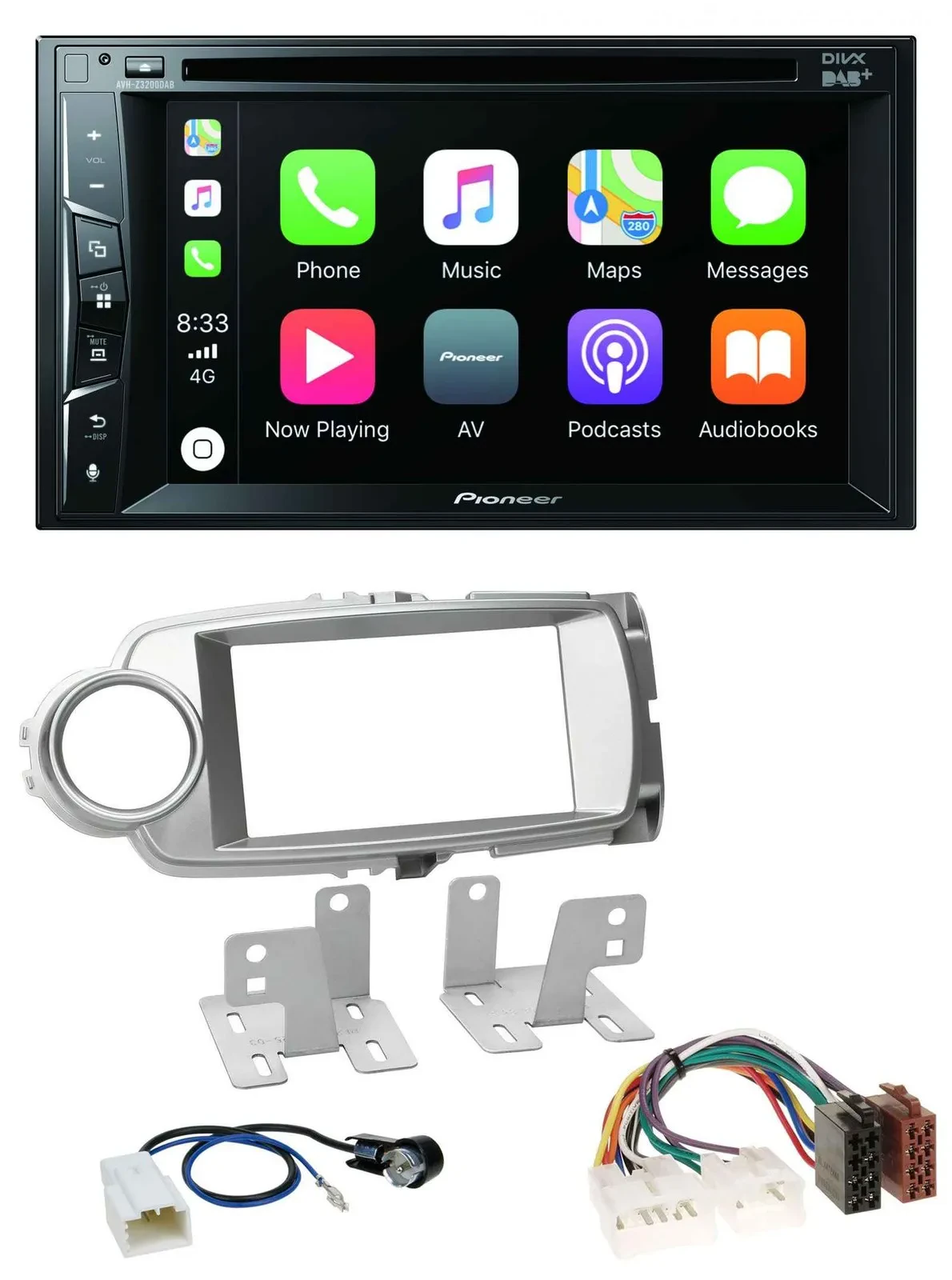Автомагнитола для Toyota Yaris 2011–2014 Pioneer 2DIN, MP3, USB, DVD, Bluetooth, DAB, серебристая