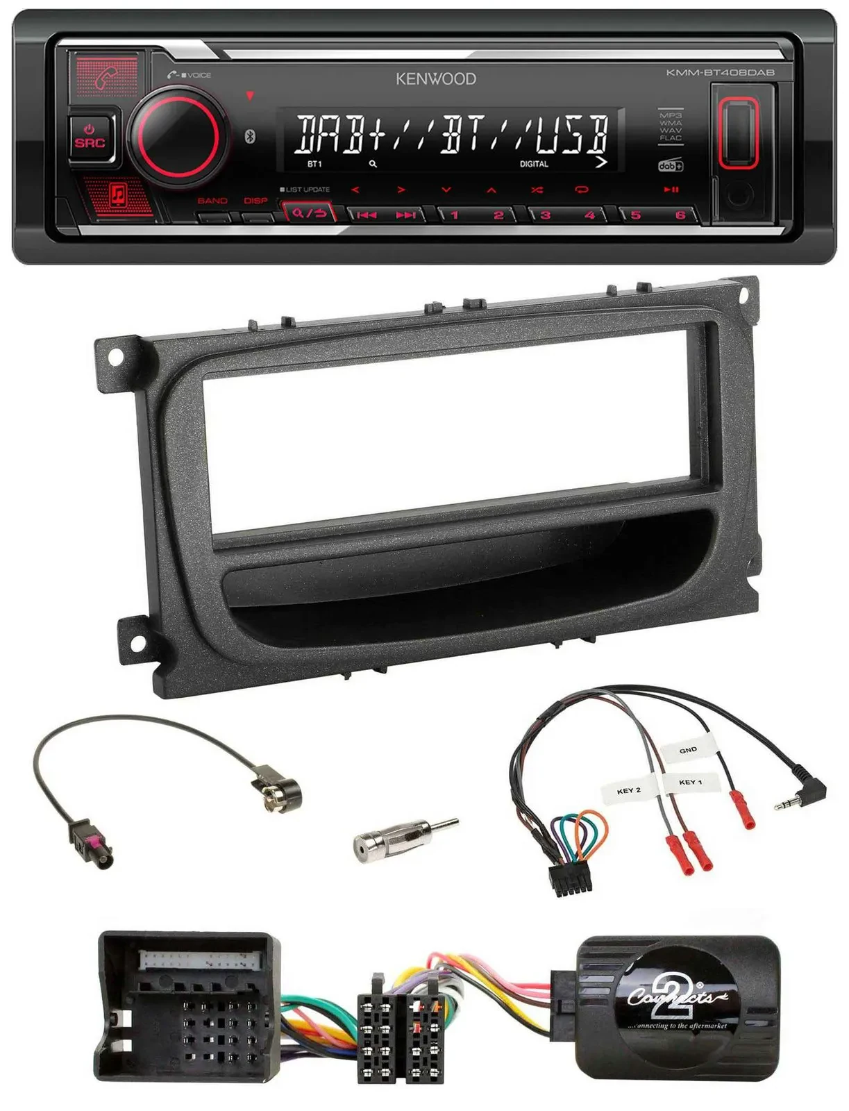 Автомагнитола Kenwood Bluetooth, USB, DAB для Ford C-Max/Galaxy/Focus (с 2007), совместимая с управлением на руле