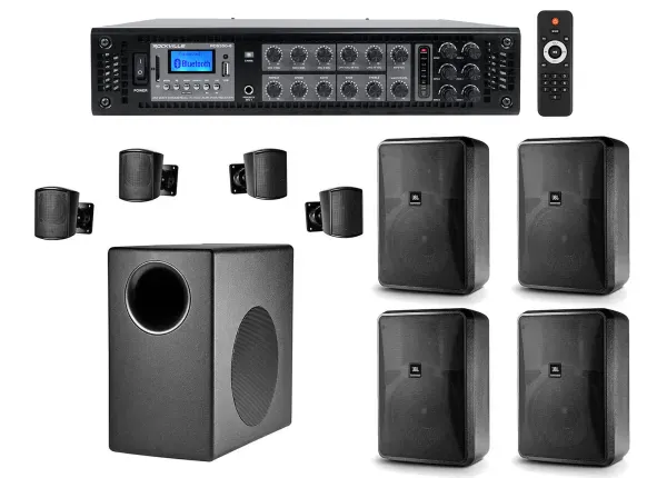 JBL Subwoofer+(4) Satellite+(4) 8" Wall Speakers+350w Amp For Office/Store/Gym