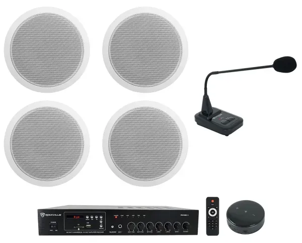 Rockville Commercial Amp+Wifi Receiver+(4) 6" Ceiling Speakers+Paging Microphone