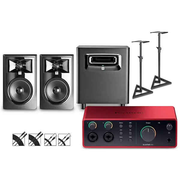 Focusrite Scarlett 4i4 Gen 4 with JBL 3 Monitors/LSR Sub/Stands/Cables 306MKII