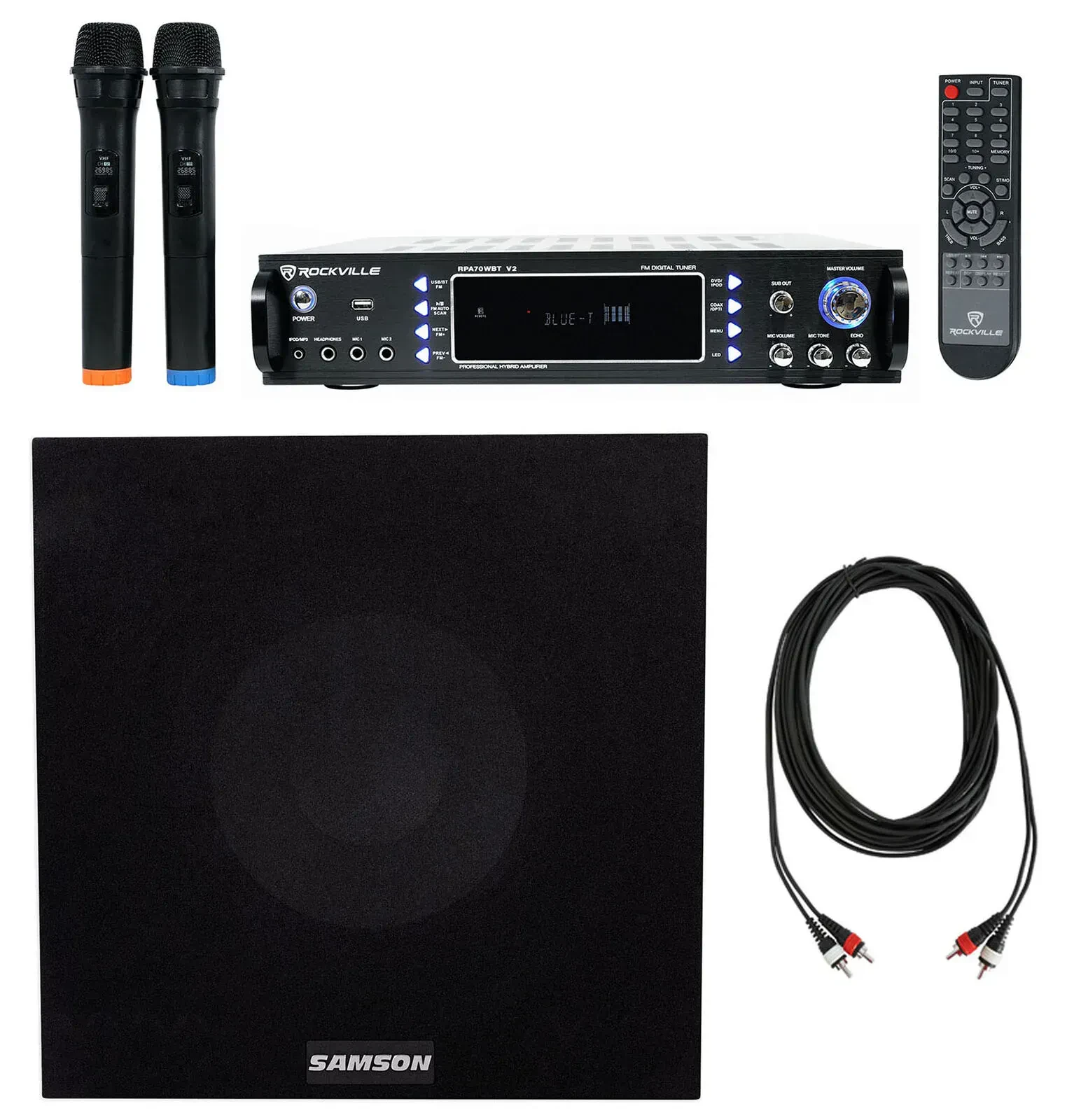 Караоке-система Rockville RPA70WBT 1000W, 2-канальная, Bluetooth, сабвуфер 10", 2 микрофона (набор)