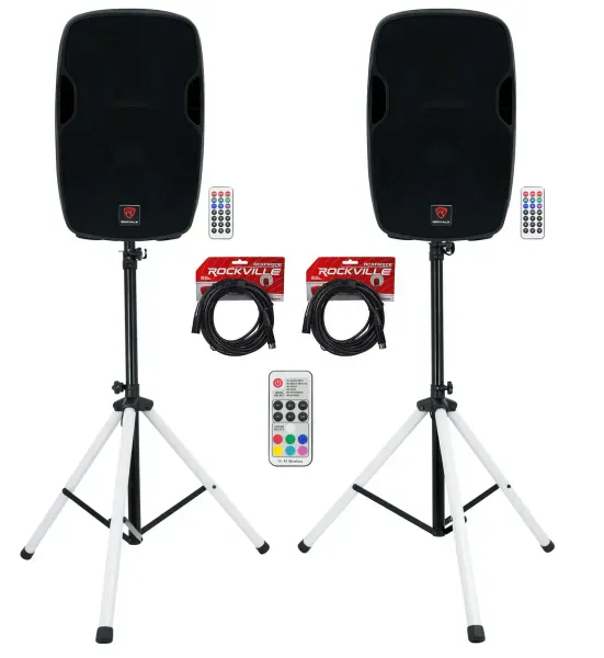 (2) Rockville BPA15 15" Powered 800w DJ PA Speakers wBluetooth+LED Stands+Cables