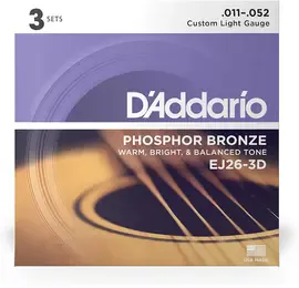 Струны для акустической гитары D'Addario EJ26-3D 11-52, бронза фосфорная, 3 комплекта
