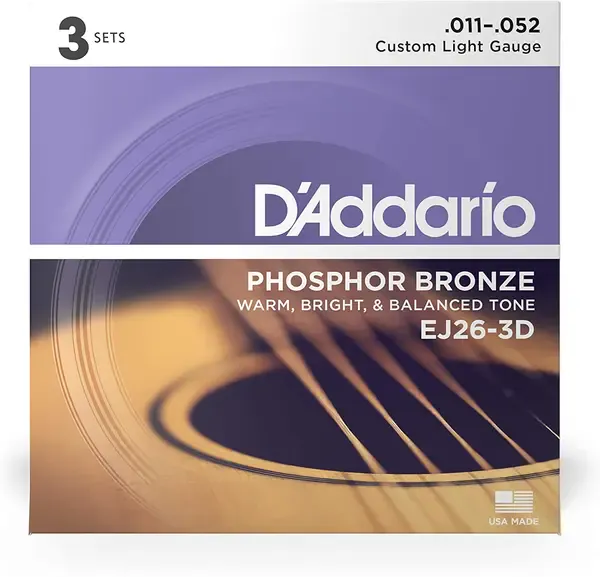 Струны для акустической гитары D'Addario EJ26-3D 11-52, бронза фосфорная, 3 комплекта