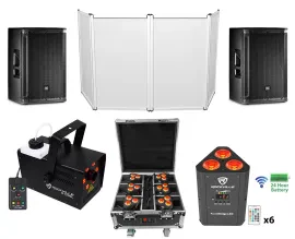 2) JBL SRX812P 12" 2000w DJ PA Speakers+(6) Black Wireless Lights+Fogger+Facade