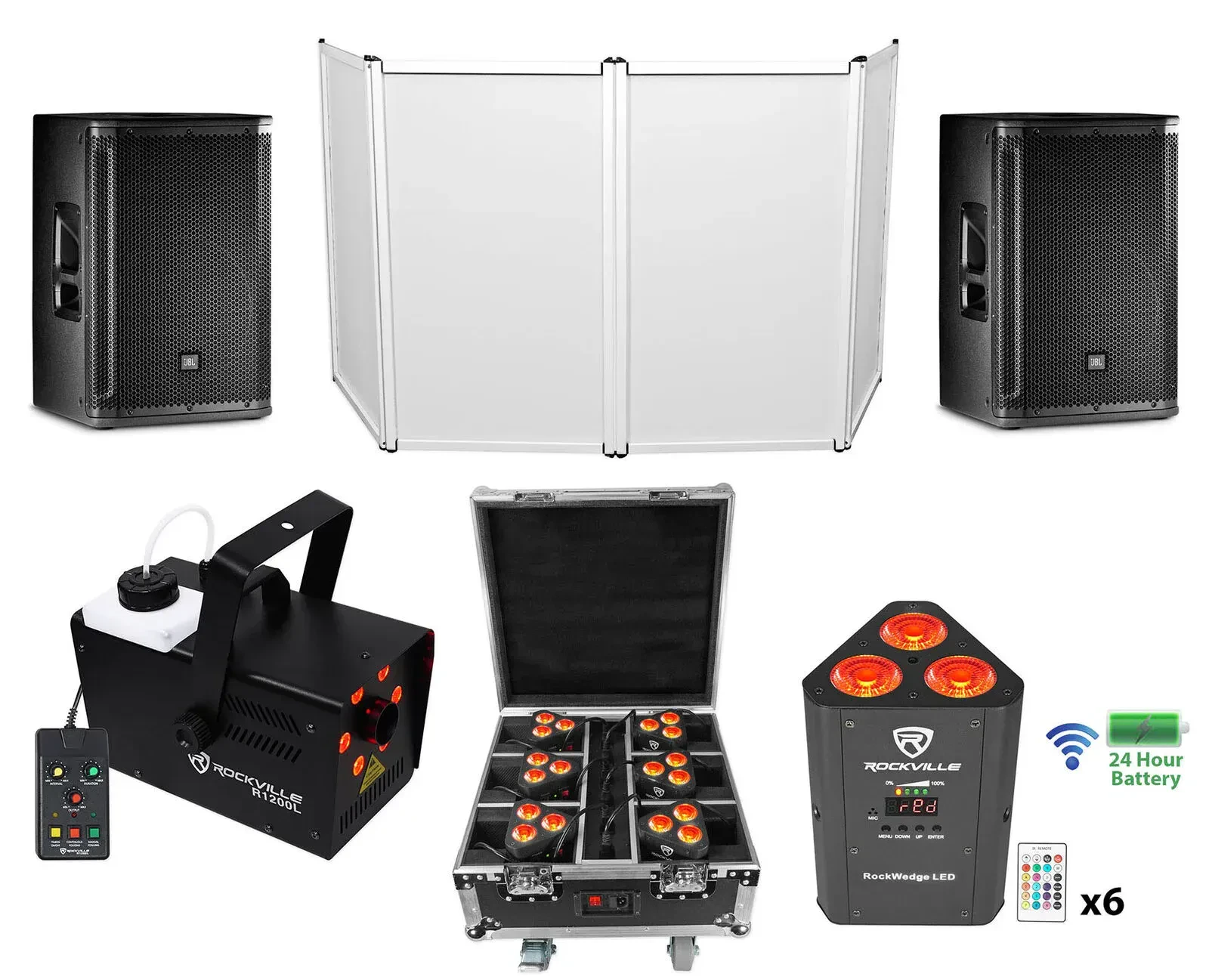 2) JBL SRX812P 12" 2000w DJ PA Speakers+(6) Black Wireless Lights+Fogger+Facade