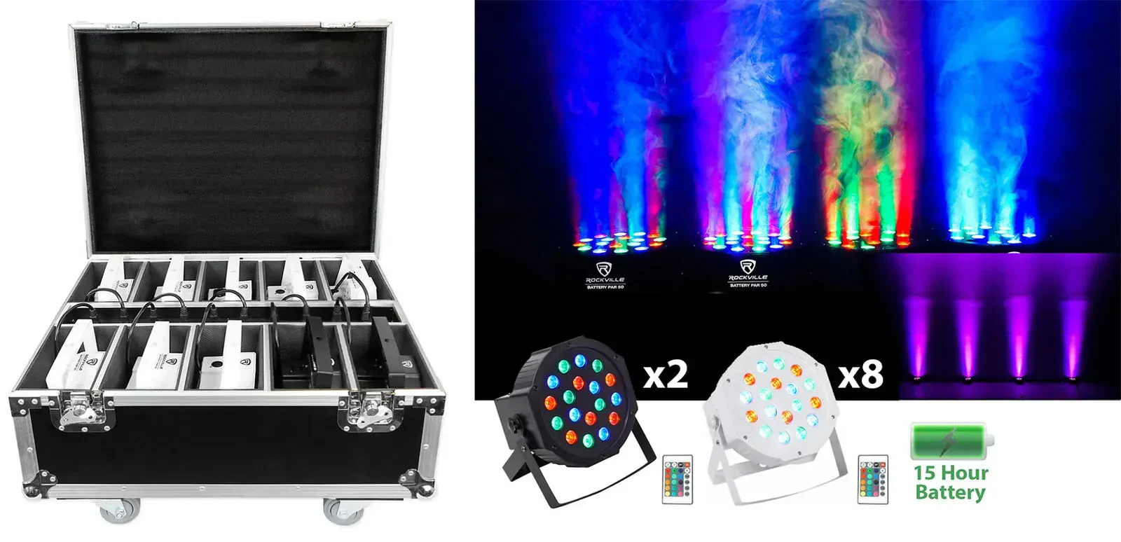 Комплект светового оборудования Rockville (2) BATTERY PAR 50+(8) WHITE Pack