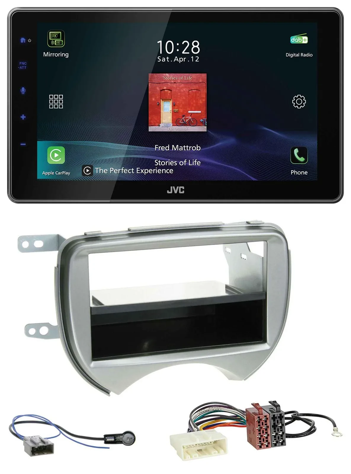 Автомагнитола для Nissan Micra (2010–2013, K13) JVC DAB, MP3, Bluetooth, USB, серебристая