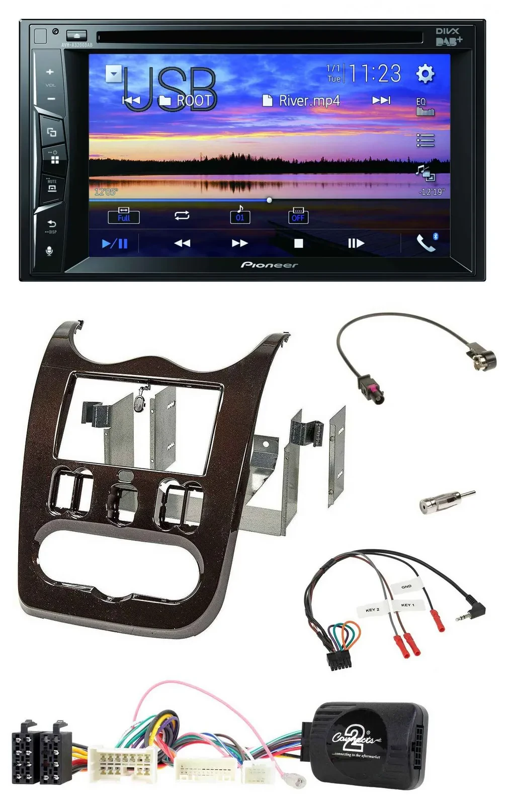 Автомагнитола для Dacia с 2012 Pioneer 2 DIN, Bluetooth, USB, DVD, DAB, поддержка управления с руля, темно-коричневая