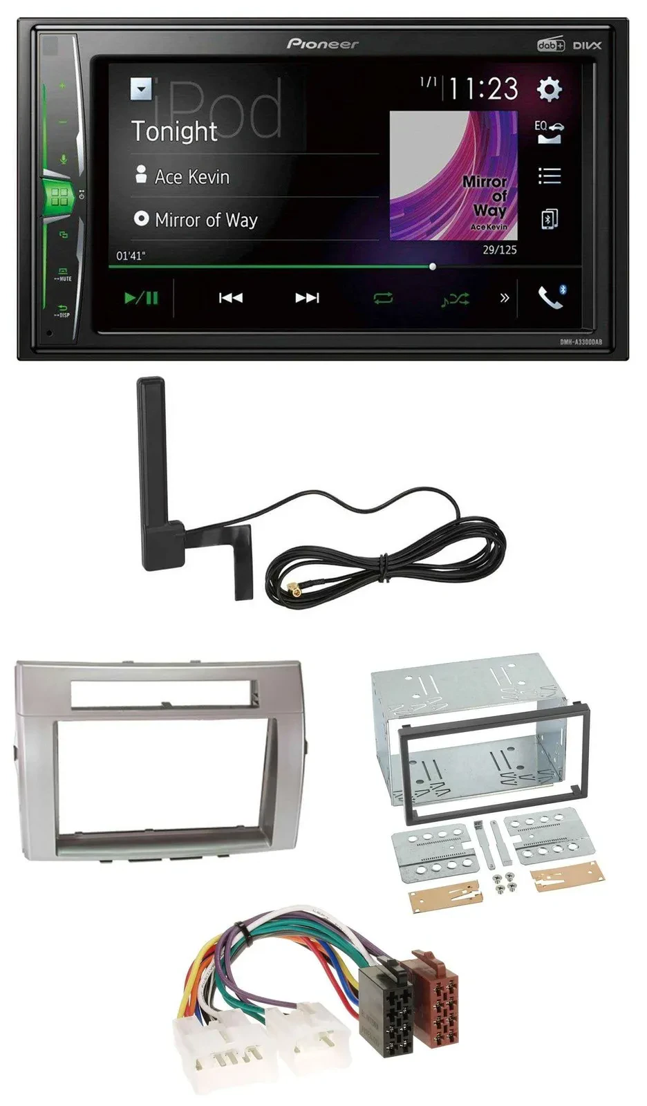 Автомагнитола Pioneer 2DIN, DAB, Bluetooth, MP3, AUX для Toyota Corolla Verso (2004–2009), серебристая