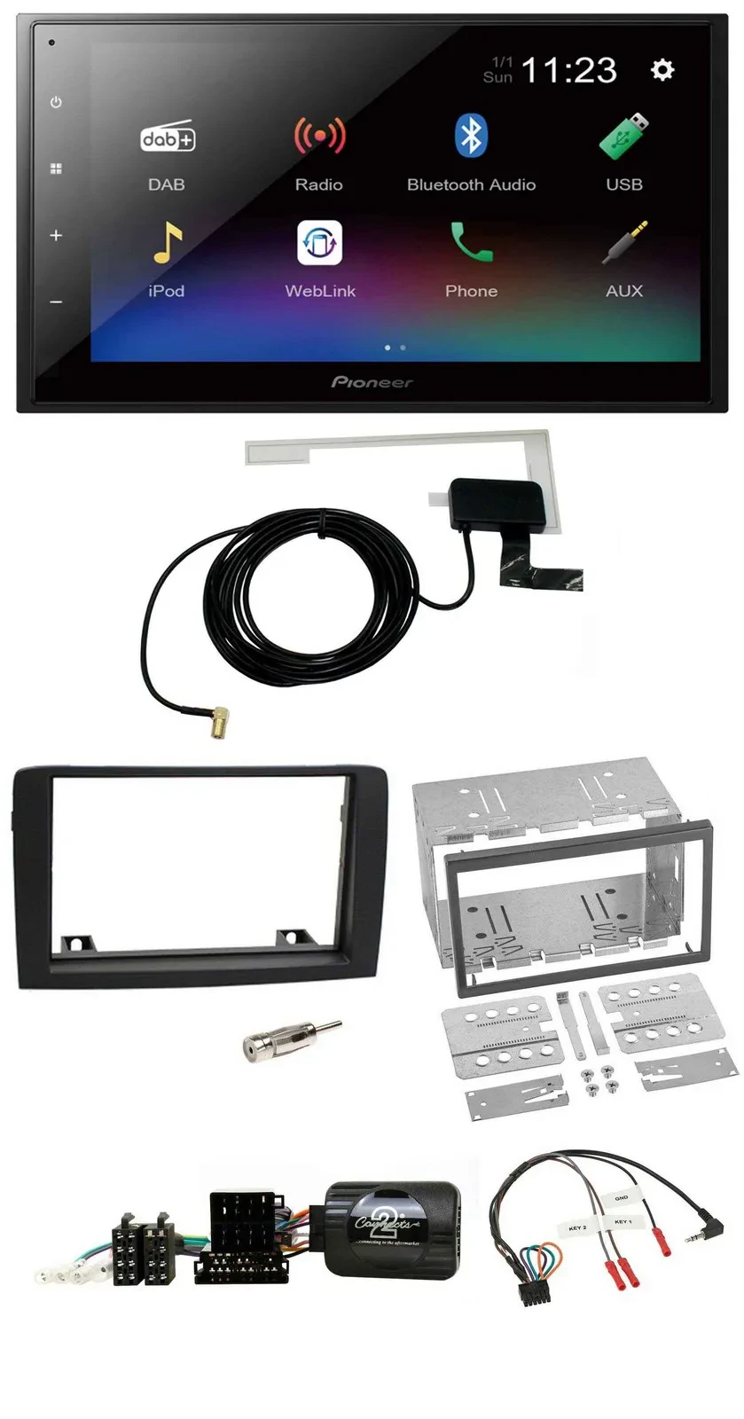 Автомагнитола для Fiat Idea (2006–2012) Pioneer 2DIN DAB, Bluetooth, USB, черная, поддержка кнопок на руле