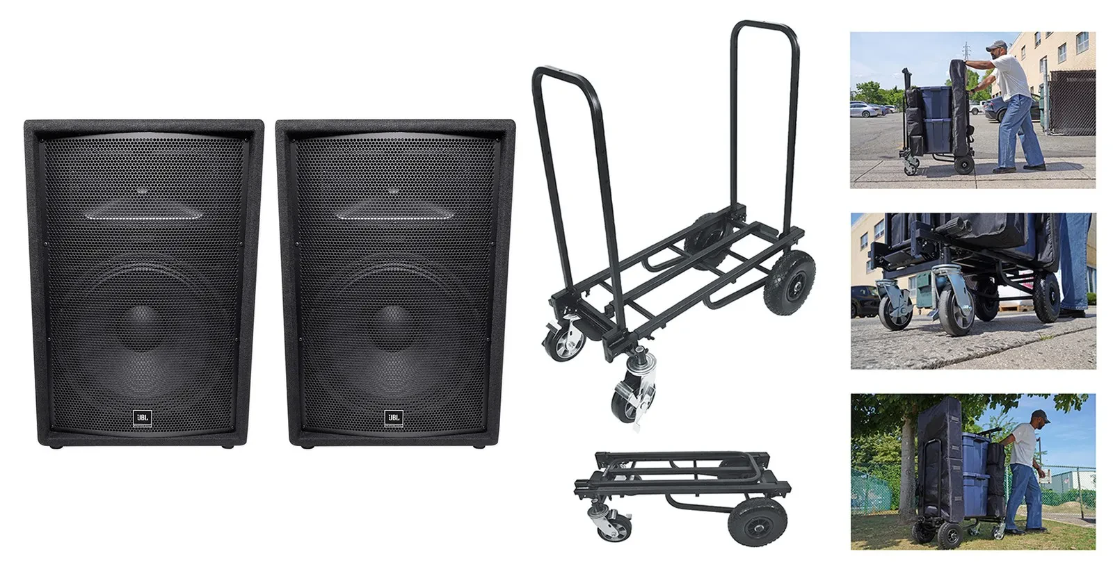 (2) JBL Pro JRX215 1000 Watt 15" Inch 2-Way Passive DJ P/A Speaker Cabinets+Cart