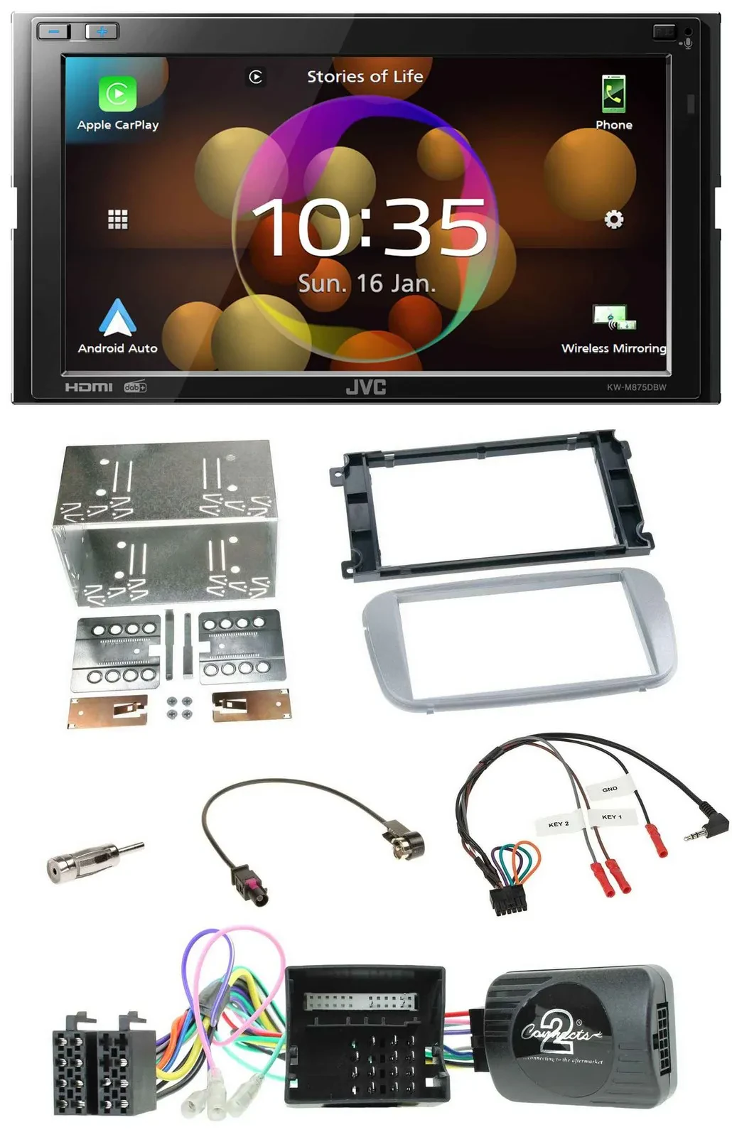 JVC DAB Lenkrad 2DIN Bluetooth USB Autoradio für Ford Mondeo S-Max Profi silber