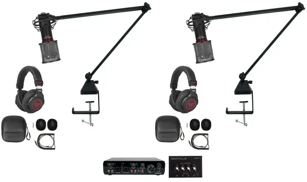 Rockville R-TRACK 2x2 2-Person Podcast Kit w/ RCM SR Microphone+Boom+Headphones