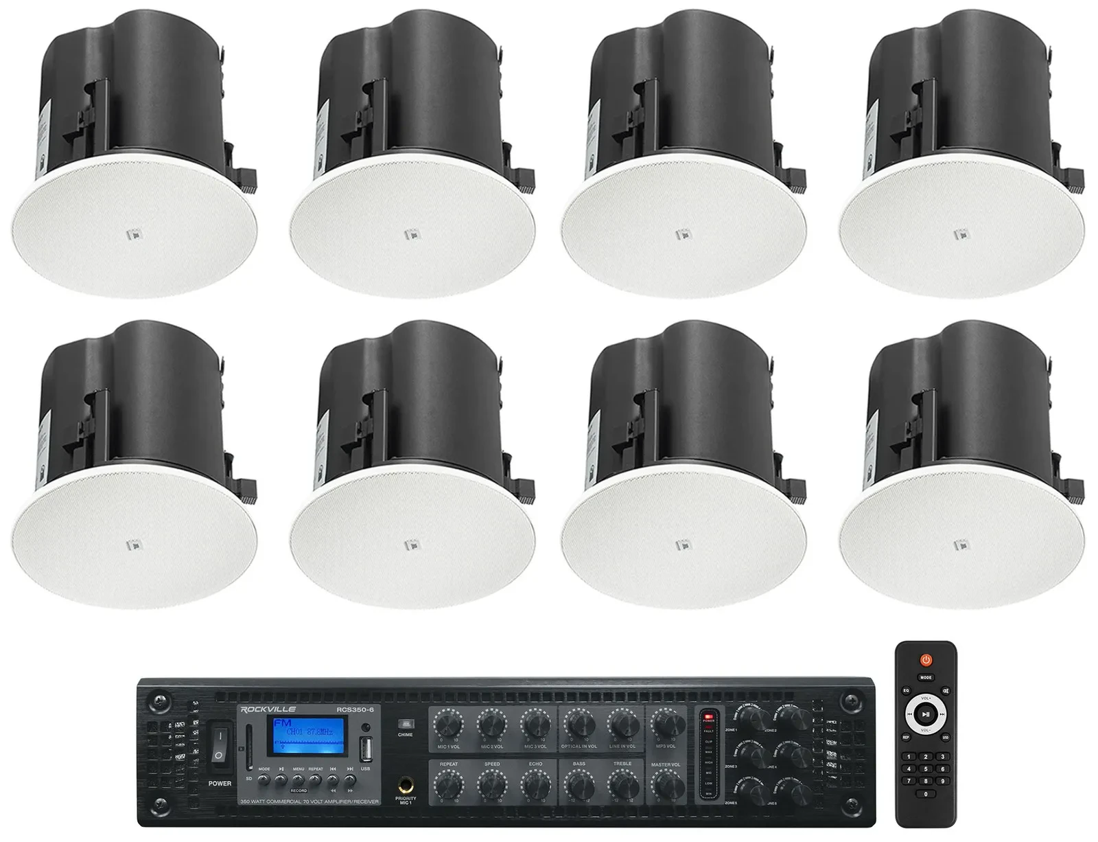 Потолочная акустика для ресторана/бара JBL Control 424C/T 4" 70V (набор, 8 шт.) с усилителем RCS350-6