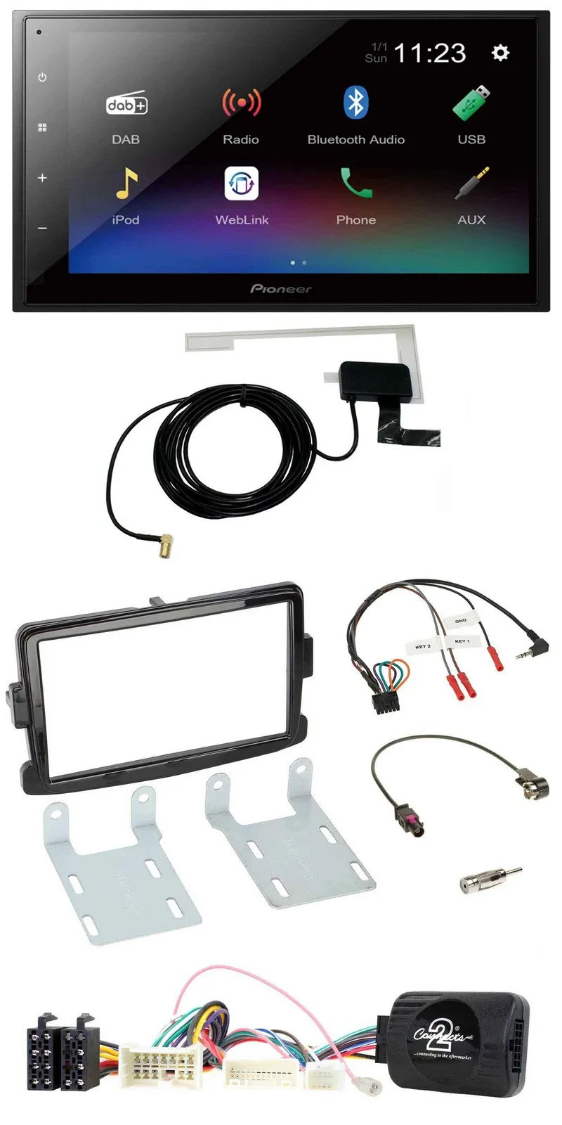 Автомагнитола Pioneer 2DIN DAB Bluetooth USB для Dacia (с 2012), чёрный (piano black), совместима с кнопками на руле