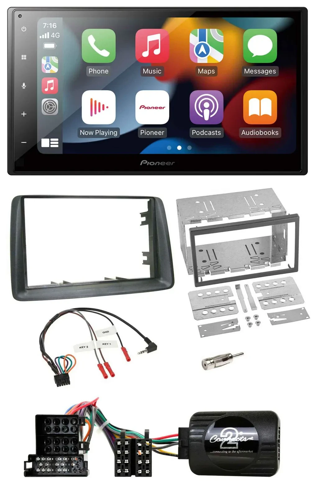 Pioneer DAB Bluetooth 2DIN USB Lenkrad Autoradio für Fiat Panda 2004-2007 grau