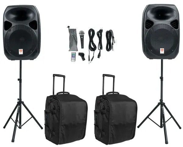 Rockville RPG122K Dual 12" Powered Speakers, Bluetooth+Mic+Stands+Rolling Bags