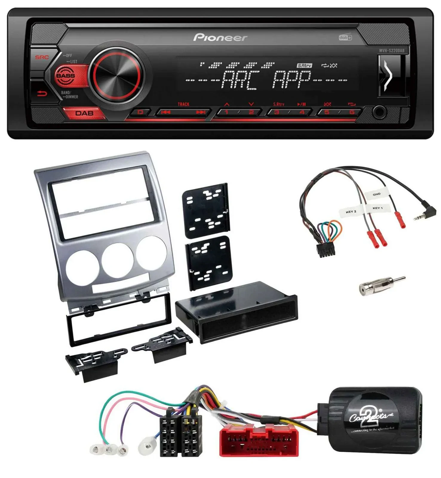 Автомагнитола Pioneer 1 DIN, DAB, USB, MP3, для Mazda 5 CR (2005–2010), серебристая, с поддержкой управления на руле