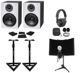 Pair Rockville DPM6W 6.5" Active Studio Monitors+Stands+Headphones+Mic+Shield