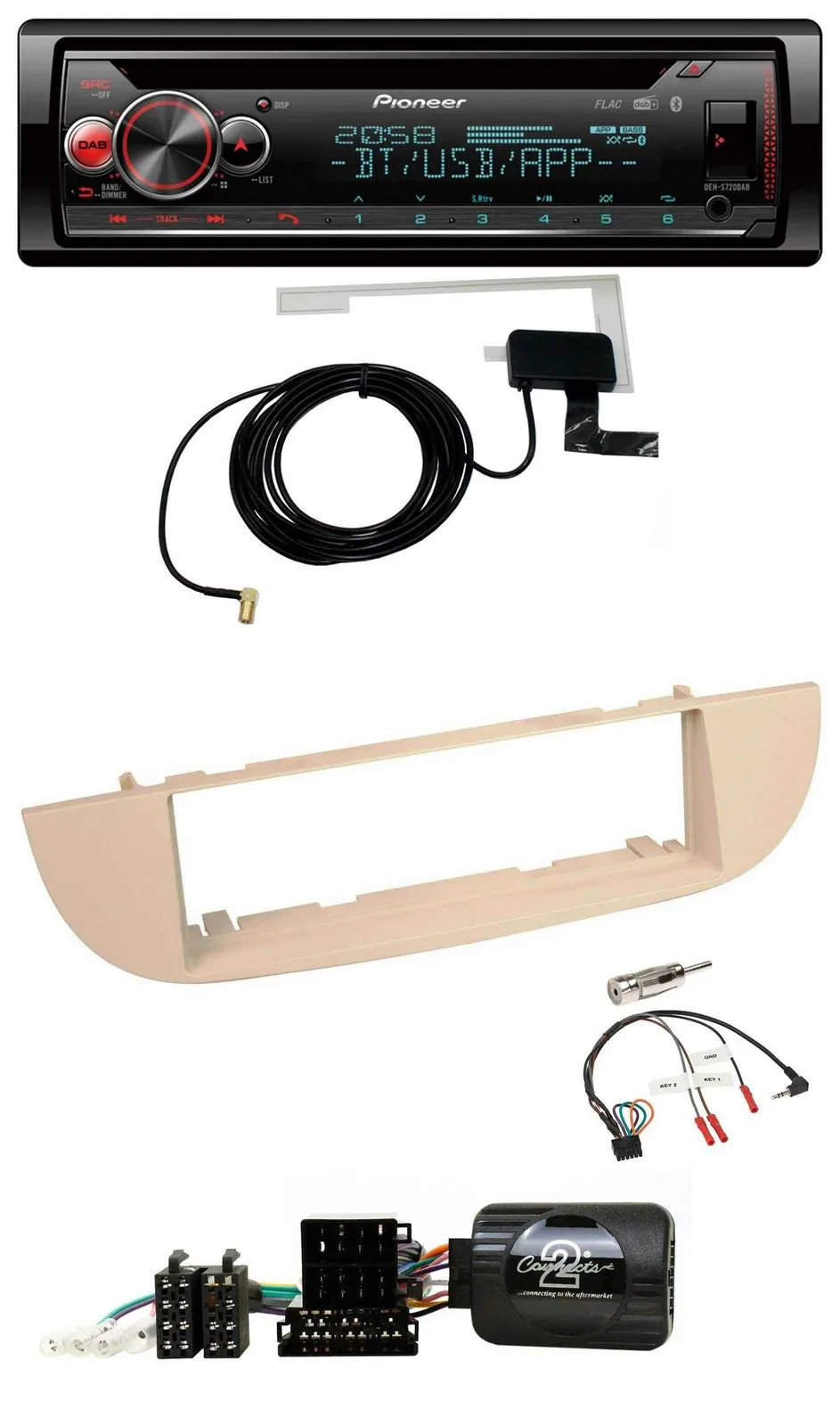 Автомагнитола для Fiat 500 (с 2007) Pioneer DAB CD USB Bluetooth перламутрово-серый