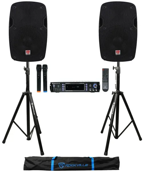 Rockville  Bluetooth Karaoke Amplifier/Mixer(2) VHF Mics+(2) 8" Speakers+Stands